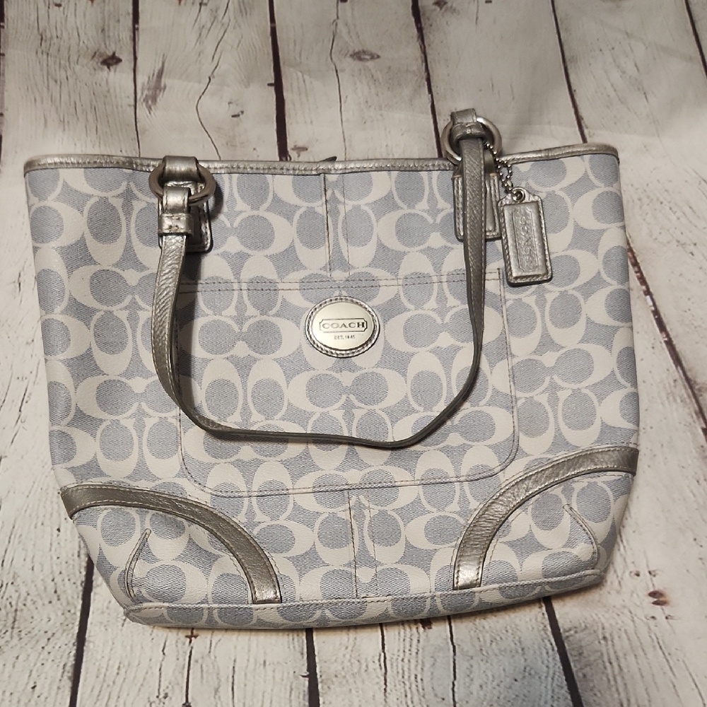 Coach Blue and Silver Tote Bag with Signature Monogram
